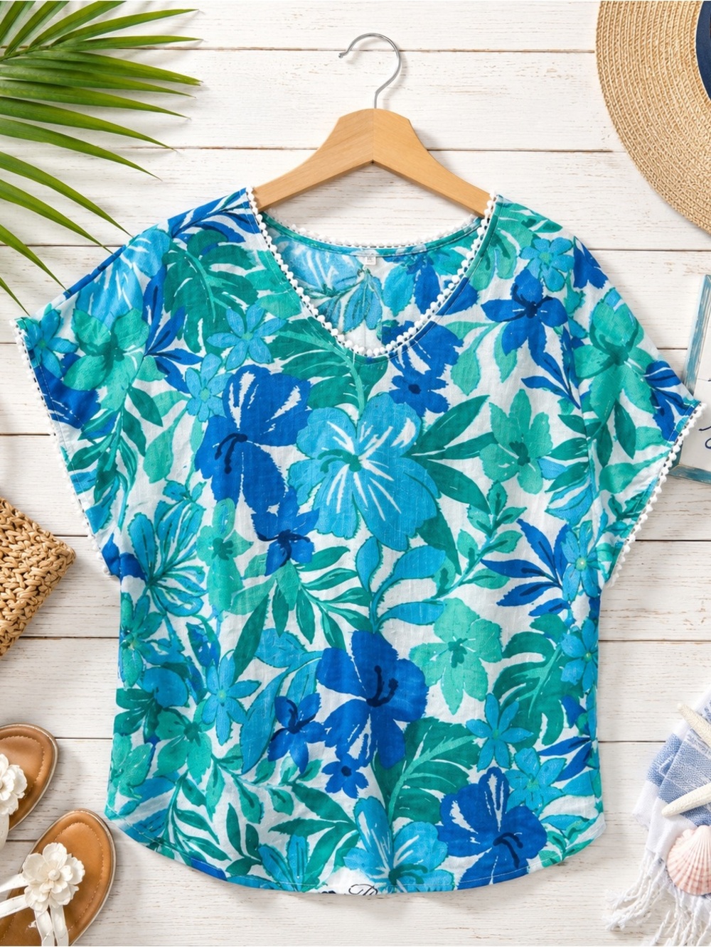 Emily Daniels Linen Blend Tropical Floral Blue Teal Dolman Top Size L